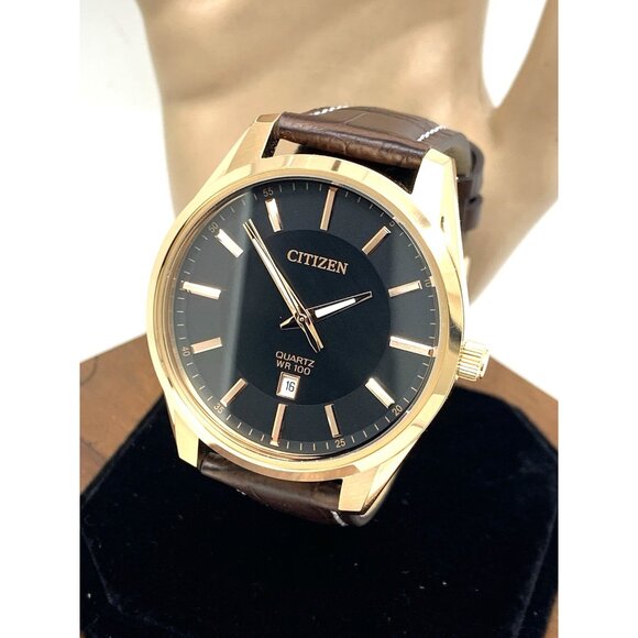 Citizen Men's Watch BI1033-04E Quartz Black Dial Rose Gold Case Brown Leather - Picture 1 of 14